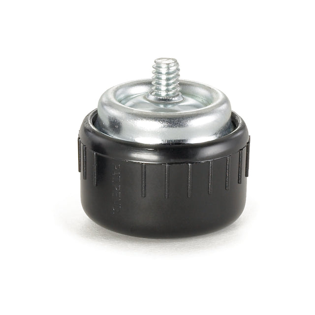 A close-up image of a Table Shox self-adjusting glide, a black plastic and metal leveling foot with a threaded stud on top for height adjustment. The foot has a ridged side for grip, a shiny metallic top with screw, and a white background.