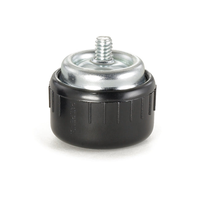 A black plastic adjustable leveling foot, like the TableCraft B1649A, with a metal threaded screw protruding from the top. The circular base has ridged sides and a metallic top, designed for furniture or equipment legs up to 400 lb. capacity.
