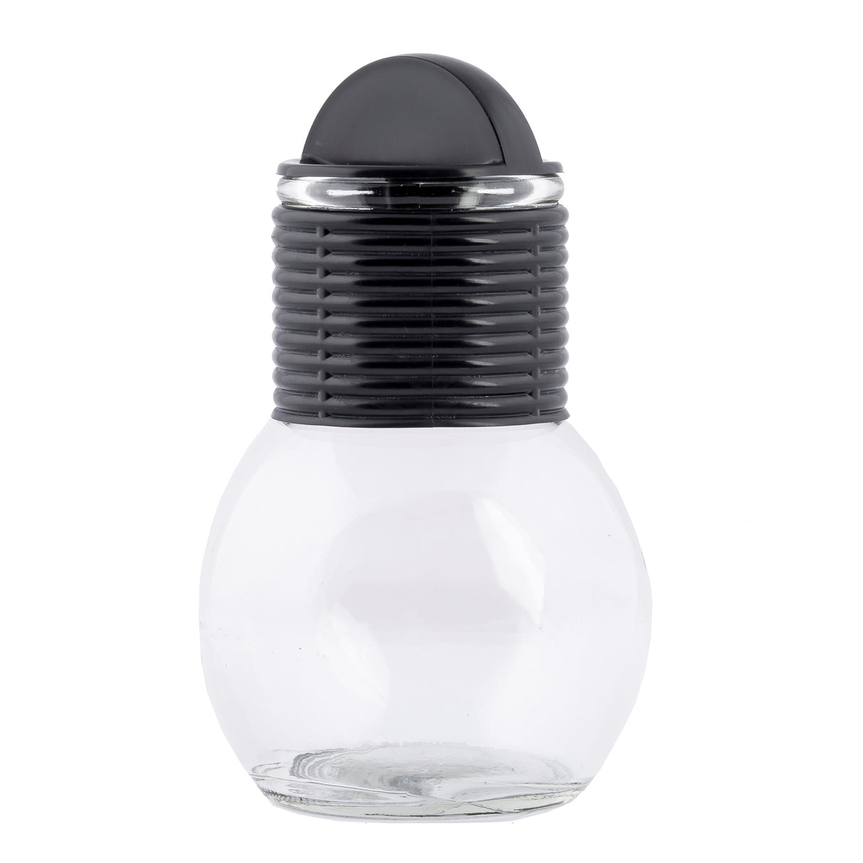A clear, round glass Hottle container with a ribbed, black plastic screw-on lid and a smooth, dome-shaped top. The jar is empty, dishwasher safe, and shown against a white background.