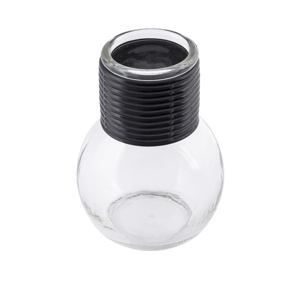 A round, clear 10 oz glass Hottle with a wide opening and a neck wrapped in black, ribbed material. The container is empty against a plain white background.