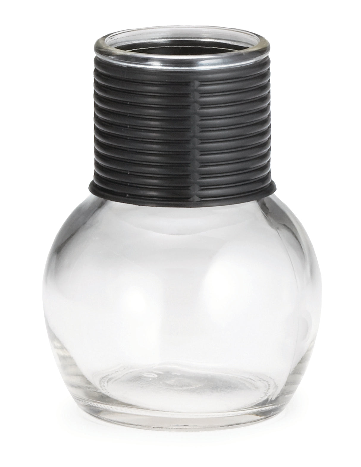 A clear, round glass hottle with a wide base and narrow neck is topped with a thick, textured black plastic collar featuring horizontal grooves. This empty 10 oz container is photographed against a white background.