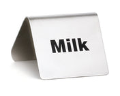 A small, tent-shaped buffet tent made of stainless steel with the word "Milk" printed in bold black letters on one side, photographed against a plain white background.
