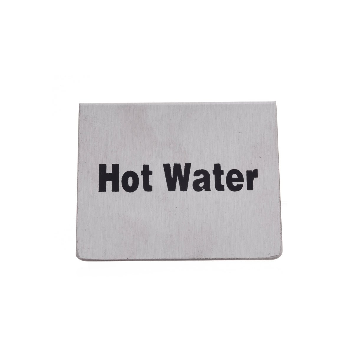 A rectangular stainless steel sign with the words Hot Water printed in bold black letters on a plain, brushed silver background. The sign is simple, with no decorations, and photographed against a white backdrop—ideal for a buffet tent setup.