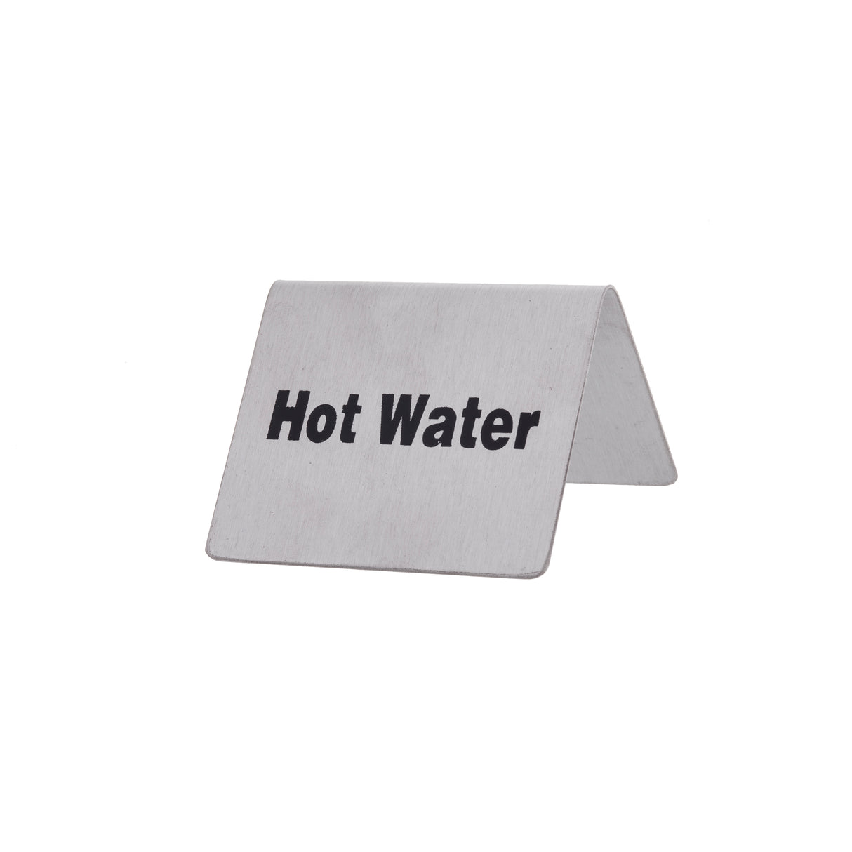 A small, stainless steel buffet tent sign with bold black text reading “Hot Water.” The sign stands on a white background, angled to display both the front and side.