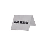 A small, stainless steel buffet tent sign with bold black text reading “Hot Water.” The sign stands on a white background, angled to display both the front and side.