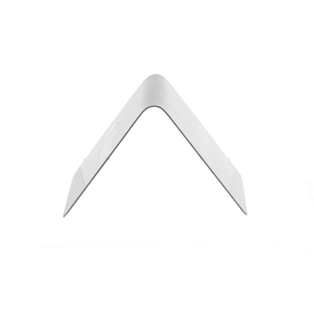 A silver, V-shaped stainless steel bracket with sharp edges is placed on a plain white background. The bracket is oriented with the point facing upward and the arms angled downward symmetrically, creating a simple geometric form.