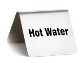 A stainless steel buffet tent sign, shaped like a silver tent, displays “Hot Water” in bold black letters on the front. Photographed against a plain white background.