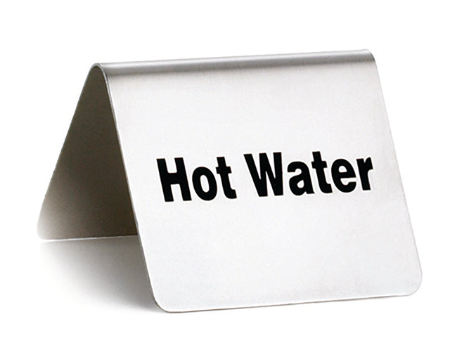 A stainless steel buffet tent sign, shaped like a silver tent, displays “Hot Water” in bold black letters on the front. Photographed against a plain white background.