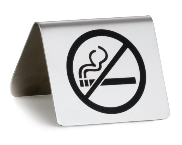 A stainless steel buffet tent sign displays a bold no smoking symbol—a black cigarette with smoke crossed out—clearly indicating that smoking is not allowed.