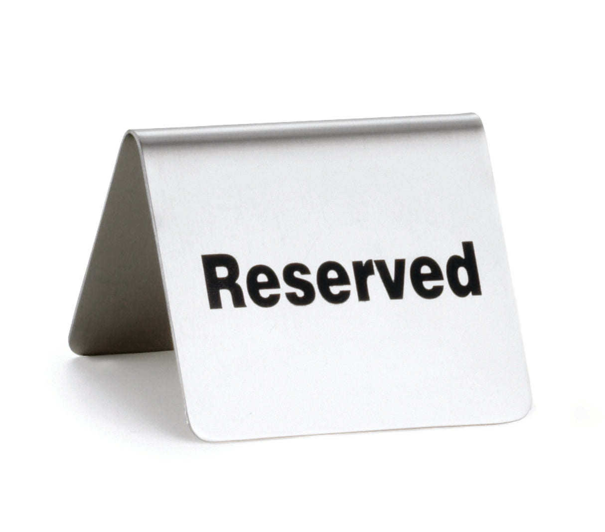 A stainless steel buffet tent reserved sign stands on a white surface. The word "Reserved" is boldly printed in black, clearly indicating that the table or space is set aside for someone.