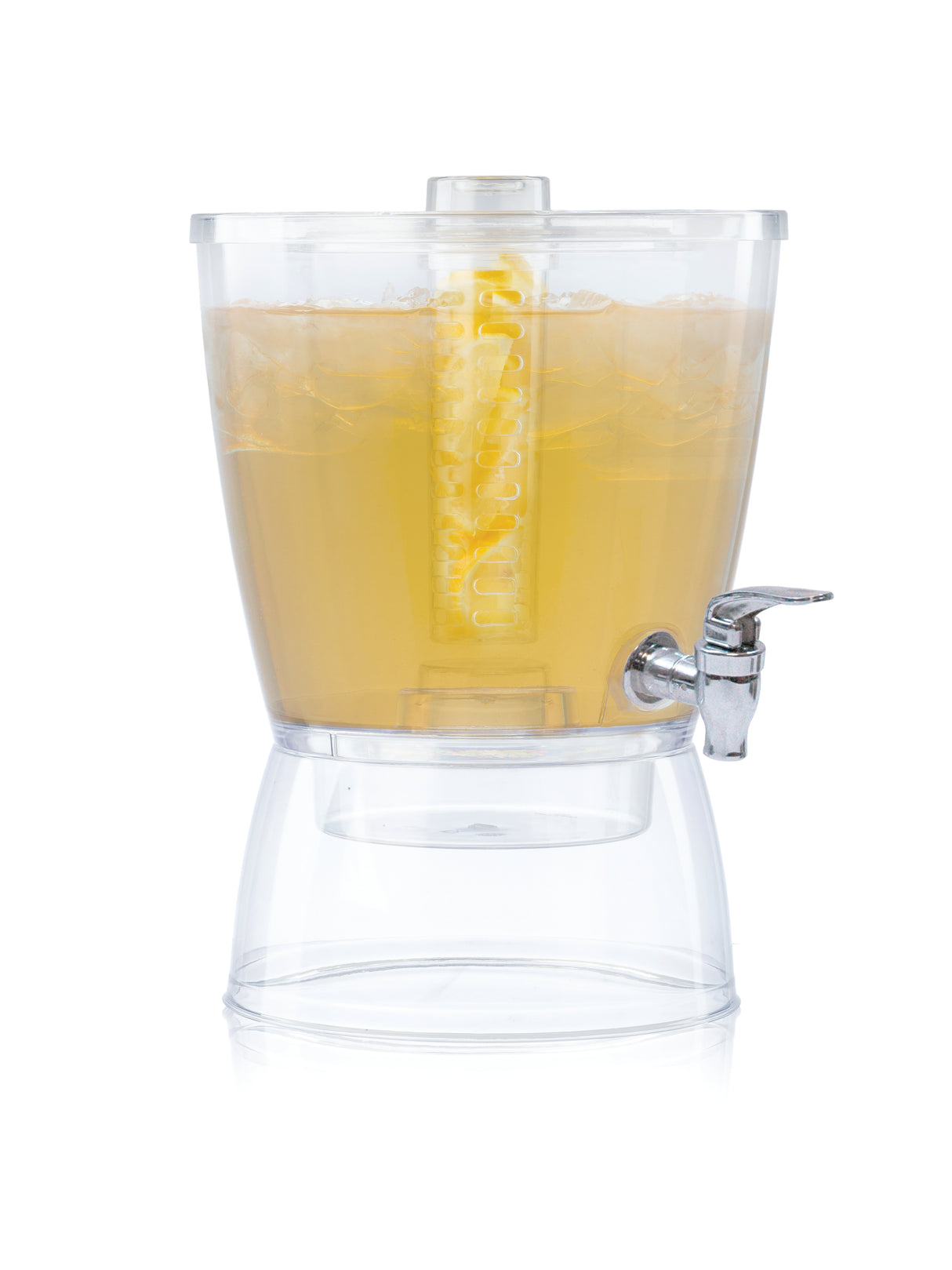 A BPA free, clear plastic beverage dispenser filled with light yellow drink and ice features a central infuser core and a spigot for pouring. The dispenser sits on a matching clear base, all set against a white background.