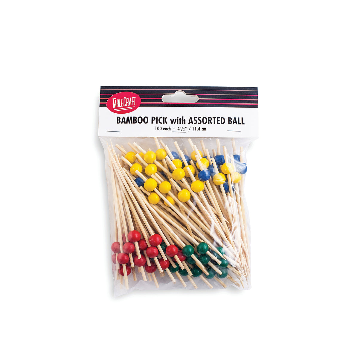 A clear plastic bag from TableCraft Products contains 100 bamboo picks, each topped with a colored wooden ball in assorted colors—red, yellow, green, or blue. The label reads “Bamboo Pick with Assorted Ball, 100 each, 4.5", 11.4 cm.”.