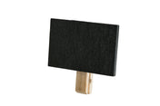 A small rectangular black chalkboard sign is attached to a light wooden stick with a bamboo clothespin clip. The 3 inch sign is blank, standing upright, and is isolated on a white background.