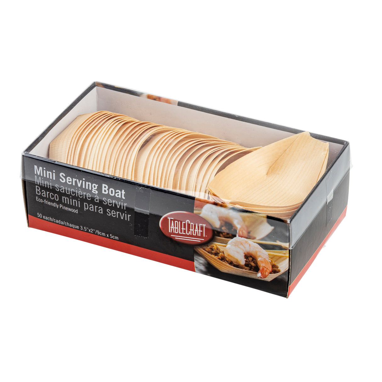 A box of TableCraft brand mini boat shaped serving pieces, crafted from light-colored biodegradable pinewood. The packaging has a clear window displaying the stacked boats and features images and multilingual text describing this eco-friendly product.