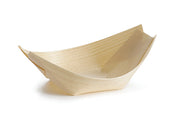 A mini boat-shaped dish made from biodegradable pinewood, featuring gently curved sides and pointed ends with visible wood grain texture, serves as an eco-friendly disposable serving piece on a white background.