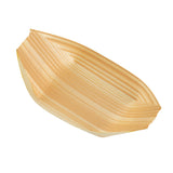 A small, light tan boat shaped serving cup made from biodegradable pinewood, featuring a smooth, natural wood grain pattern. This eco-friendly disposable serving piece is perfect for appetizers or snacks, with gently curved sides and pointed ends.