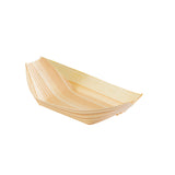 A small, rectangular, shallow tray made from light-colored, natural palm leaf with visible grain patterns. This eco-friendly disposable serving piece features slightly raised sides and curved corners, placed against a plain white background.