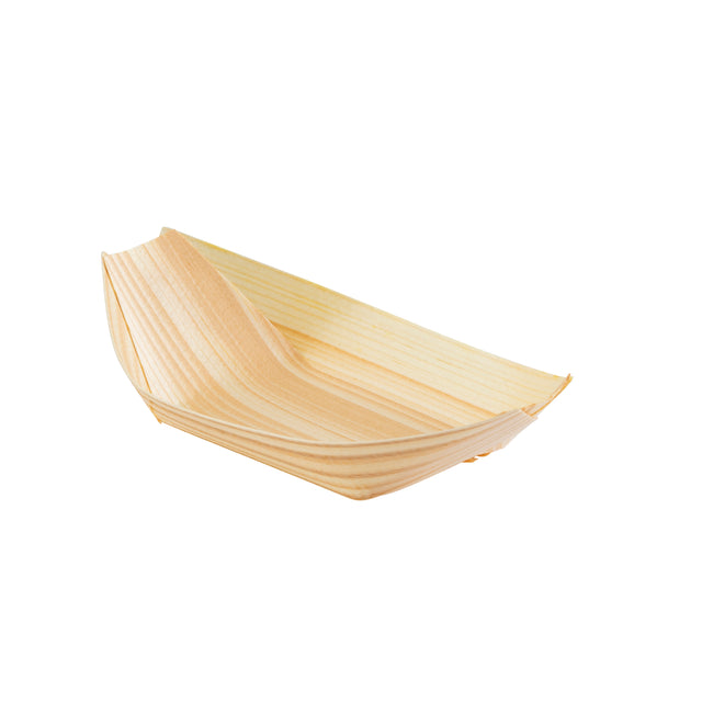 A small, rectangular, shallow tray made from light-colored, natural palm leaf with visible grain patterns. This eco-friendly disposable serving piece features slightly raised sides and curved corners, placed against a plain white background.