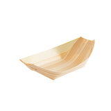 A rectangular, shallow, eco-friendly disposable serving piece made of light-colored natural wood or biodegradable pinewood, featuring smooth, curved edges and visible wood grain patterns. The tray sits on a white background.
