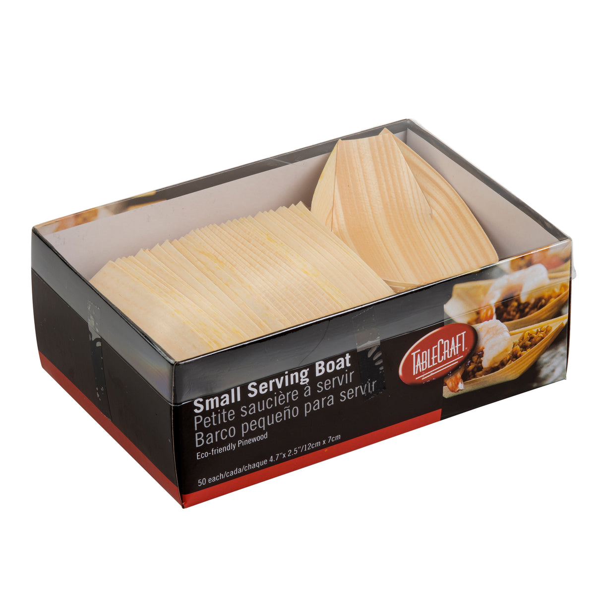 A box of TableCraft brand boat shaped serving cups made from biodegradable pinewood, neatly stacked. The eco-friendly disposable serving pieces feature bilingual labeling and an image of food served in a wooden boat on the front.