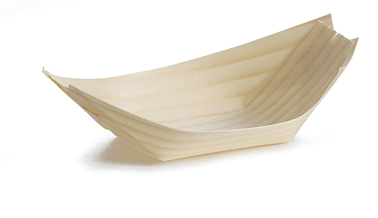 A small, empty, beige TableCraft BAMDB5 biodegradable pinewood boat sits on a white background. This eco-friendly disposable serving piece features gently sloped sides with visible ridges and slightly upturned corners.