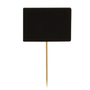 A small, rectangular black sign resembling a chalkboard is attached to a slender bamboo pick with a pointed end. The sign stands vertically, perfect for plant markers or labeling, and has a plain white background.