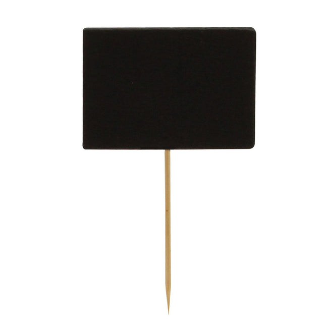 A small, rectangular black sign resembling a chalkboard is attached to a slender bamboo pick with a pointed end. The sign stands vertically, perfect for plant markers or labeling, and has a plain white background.
