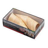 A rectangular box contains a stack of eco-friendly, disposable mini serving cones made from biodegradable pinewood. The packaging, labeled Mini Serving Cone and Tablecraft, displays the neatly nested cones through a clear plastic window on top.