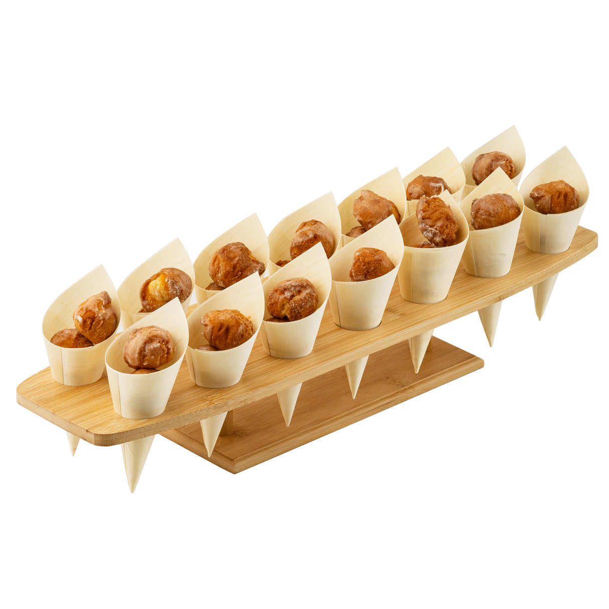 A wooden serving tray holds twelve biodegradable, disposable serving cones, each containing a golden-brown fried snack. The eco-friendly tray features a modern, angled design with cone slots for stylish and sustainable display.