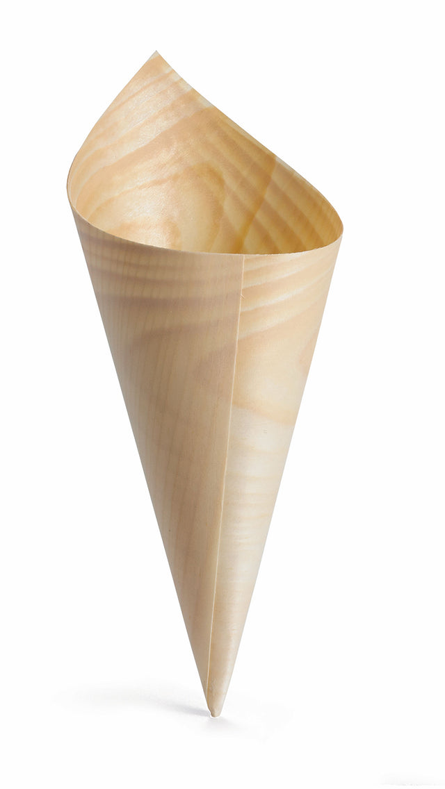 A single, empty, light-colored wooden disposable serving cone with visible natural wood grain stands upright on a white background. This eco-friendly cone has a smooth surface and pointed tip, perfect for snacks or appetizers.