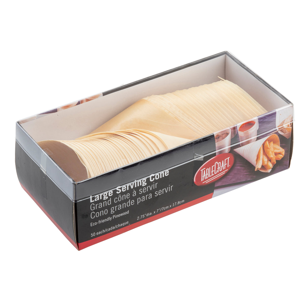 A clear box labeled TableCraft Large Serving Cone contains a stack of thin, light-colored, biodegradable, cone-shaped serving papers. The box features text in English, French, and Spanish, with an image of food served in a cone on the right side.