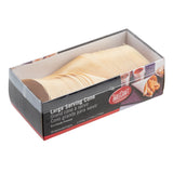 A clear box labeled TableCraft Large Serving Cone contains a stack of thin, light-colored, biodegradable, cone-shaped serving papers. The box features text in English, French, and Spanish, with an image of food served in a cone on the right side.