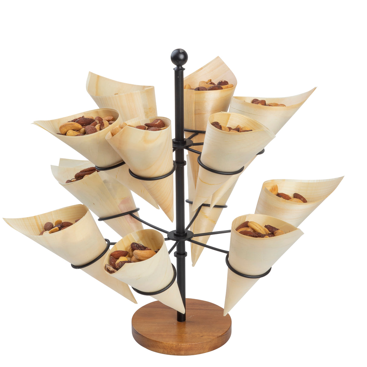 A tiered black metal stand with a wooden base holds several eco-friendly, disposable serving cones, each filled with mixed nuts. The light-colored cones are arranged in a circular pattern on different levels of the stand.