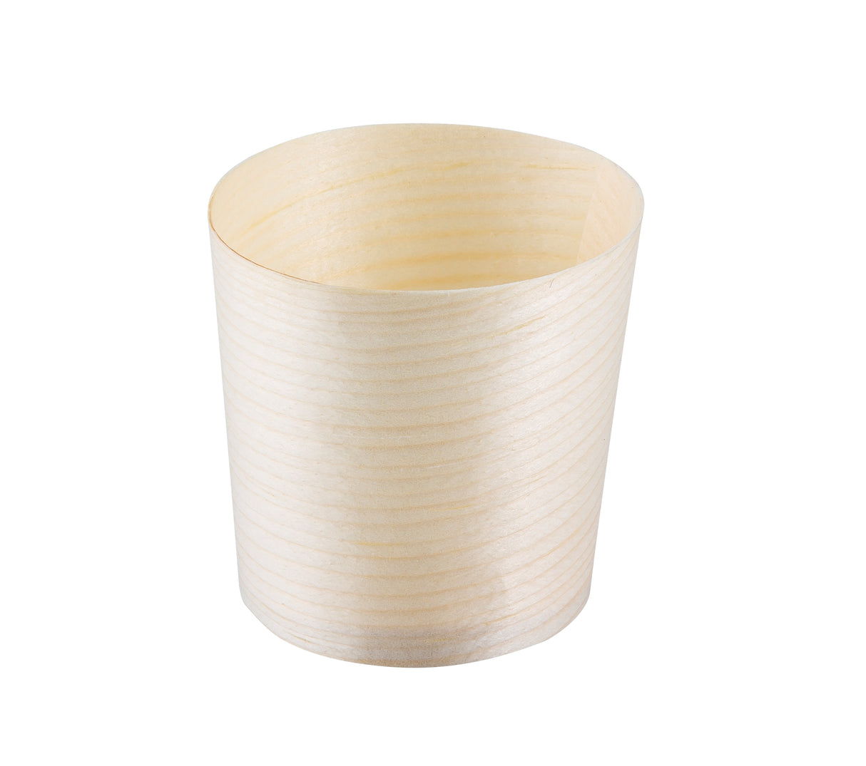 A single, empty, biodegradable wooden cup with a smooth, rounded rim and visible wood grain stands upright on a white background. The cup has a natural, unfinished appearance and slightly flares outward toward the top.