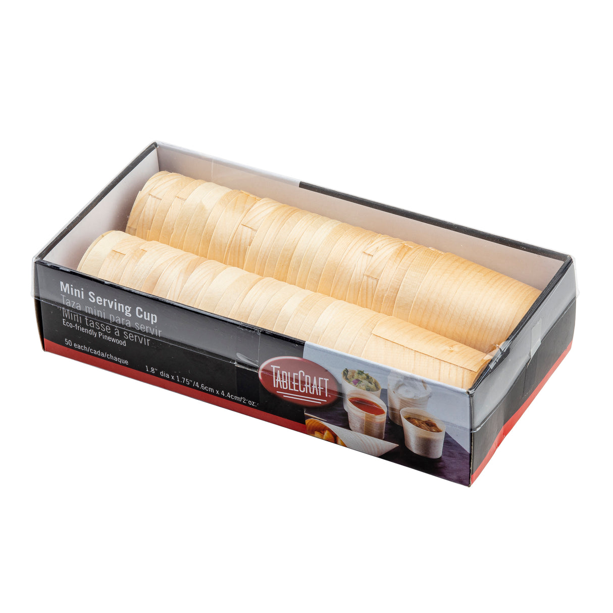 A box of eco-friendly, disposable mini serving cups made of light wood, neatly stacked in two rows. Packaging is black and red with “TableCraft” branding and images of filled cups. The box is partially open, displaying the cups inside.
