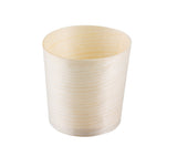 A plain, light-colored, cylindrical wooden cup with a slightly flared rim. This eco-friendly mini serving cup features subtle horizontal wood grain patterns on a clean white background and boasts a simple, minimalist design.