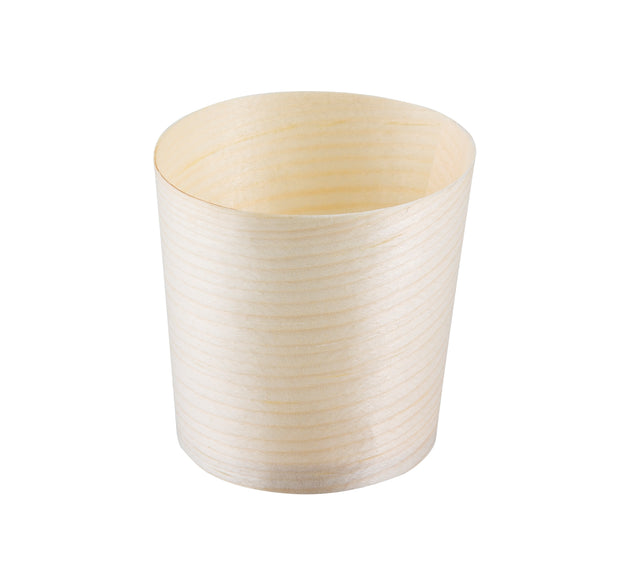 A plain, light-colored, cylindrical wooden cup with a slightly flared rim. This eco-friendly mini serving cup features subtle horizontal wood grain patterns on a clean white background and boasts a simple, minimalist design.