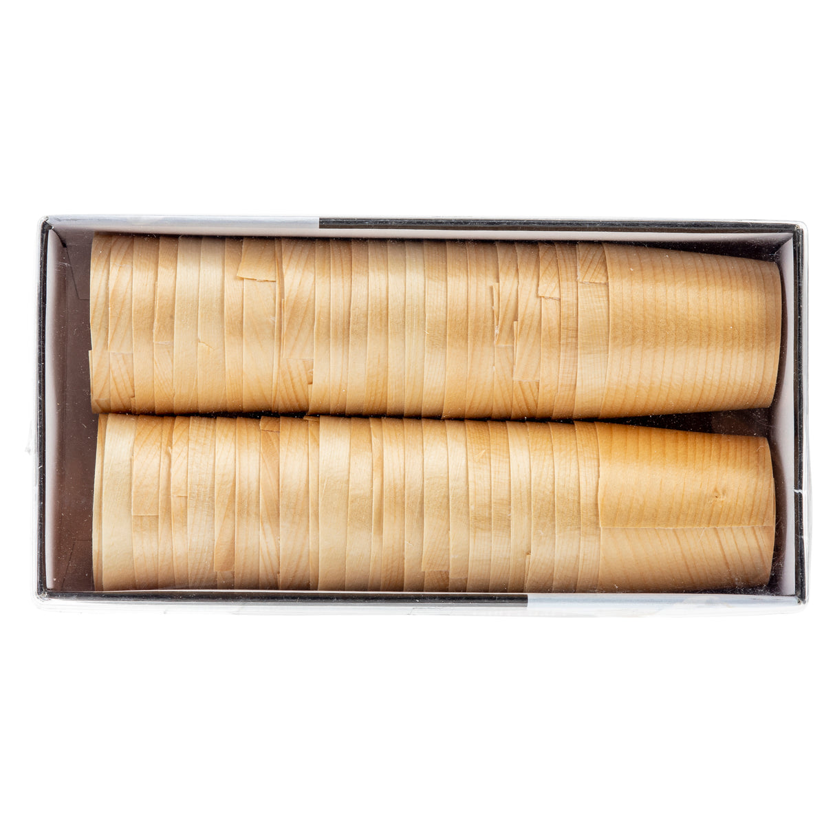 A rectangular box contains two neat rows of eco-friendly mini serving cups stacked horizontally. Each cup is light tan, smooth, and thin, with the edges clearly visible. The white interior of the box highlights their orderly arrangement from above.
