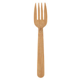 A biodegradable bamboo fork with four tines is centered on a plain white background. The fork has a smooth, natural wood texture and simple, flat handle. Visible grain enhances its eco-friendly appearance.