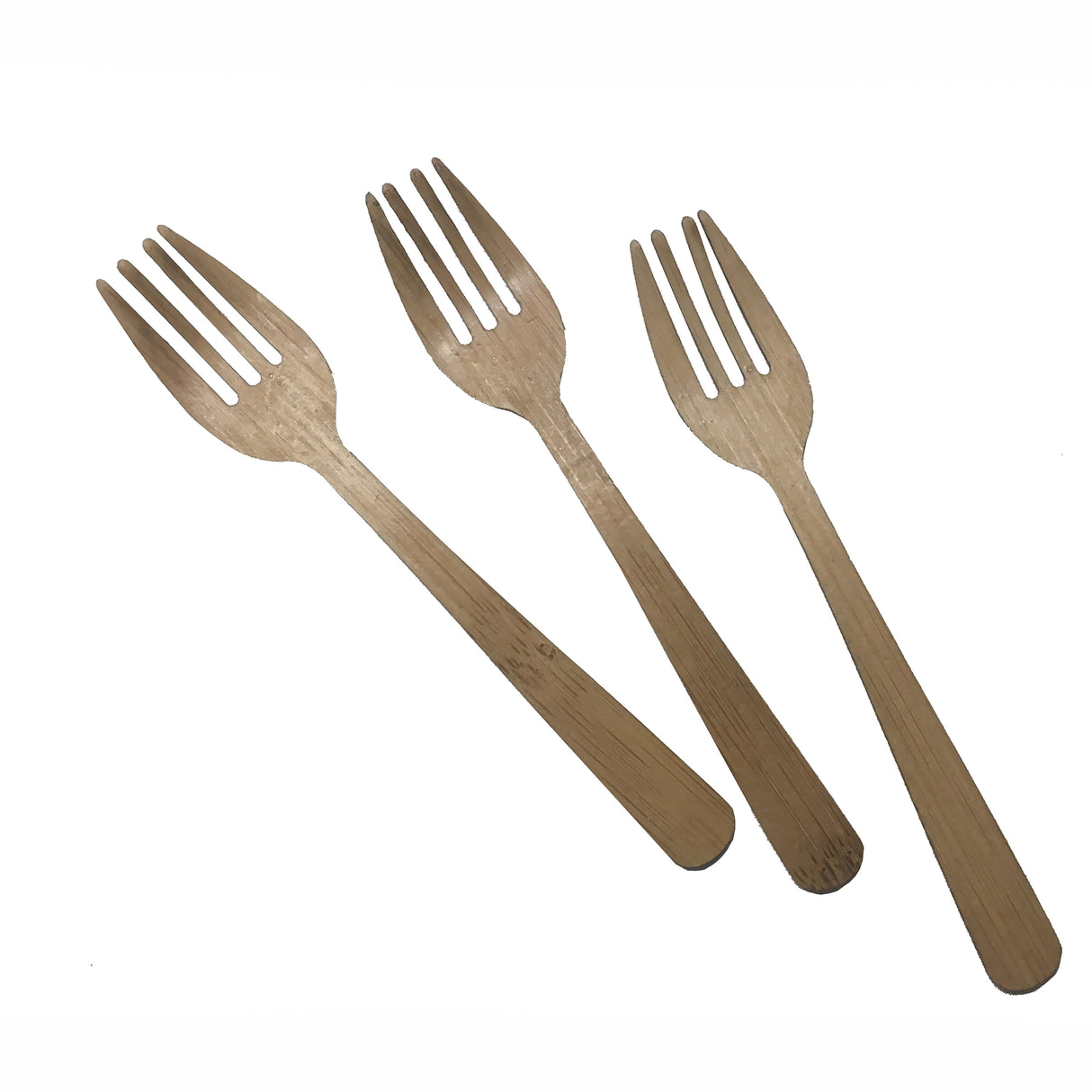 Three light brown eco-friendly disposable forks are arranged side by side on a white background. Each biodegradable bamboo fork has four prongs and a flat handle, showcasing a simple, natural grain pattern with handles pointing downward.