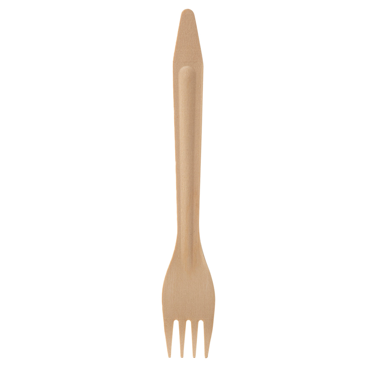 A single biodegradable wooden spork is pictured upright on a white background. The eco-friendly spork has a straight handle with a flat, pointed end and a shallow bowl featuring four short tines, blending the functions of spoon and disposable fork.