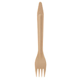 A single biodegradable wooden spork is pictured upright on a white background. The eco-friendly spork has a straight handle with a flat, pointed end and a shallow bowl featuring four short tines, blending the functions of spoon and disposable fork.