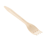 A single eco-friendly wooden spork is shown on a white background. Combining features of a spoon and a disposable fork, it has a shallow, rounded bowl with three short tines. The smooth, light-colored wood is biodegradable.