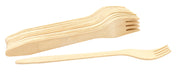 A stack of eco-friendly, light-colored wooden forks is shown on a white background. One biodegradable disposable fork is separated and lies in front. The forks have a simple, smooth design with three tines and are made from natural wood.