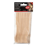 A clear plastic package contains 25 biodegradable, disposable wood forks. The label reads Disposable Wood Forks in English, French, and Spanish, highlights eco-friendly features, shows the 6½/16.5 cm size, and displays the TableCraft brand.