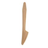 A single pinewood knife with a serrated edge stands vertically on a white background. The light brown, smooth utensil features a flat, simple design and is an eco-friendly knife perfect for sustainable use.