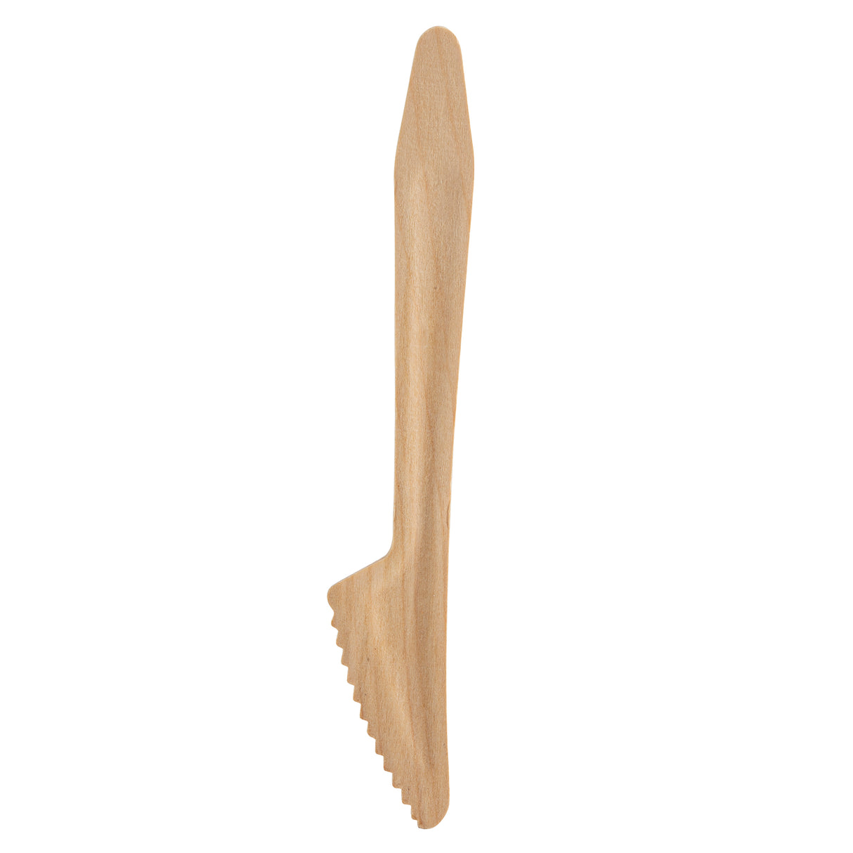 A single eco-friendly knife with a smooth handle and serrated edge, photographed vertically against a plain white background. Made from natural light wood, this minimalist pinewood knife is both biodegradable and stylish.
