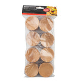 A package of eight mini round eco-friendly plates by TableCraft is shown. The dishes are stacked in two columns and wrapped in clear plastic. The label on top displays the brand name, product name, and a photo of the plates in use.