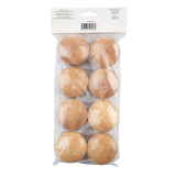 A clear plastic package contains eight round, light brown wooden balls with a smooth finish, arranged in two columns of four. The package, often used for eco-friendly plate or biodegradable plate sets, features a white label with text and a barcode at the top.