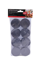 A package of twelve black mini round serving dishes by TableCraft, designed as eco-friendly disposable plates, is shown stacked in three columns in a clear bag with a black and red label displaying serving suggestions.